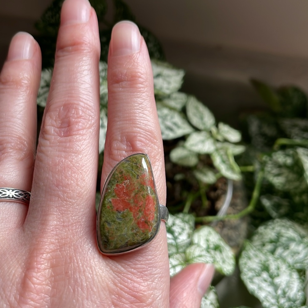 1” unakite crystal gemstone 925 silver ring size 7